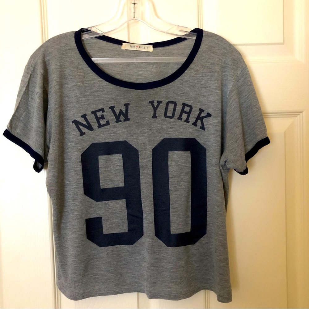 Four girlz NEW YORK 90 Graphic T shirt Gray Black loose Short sleeve top